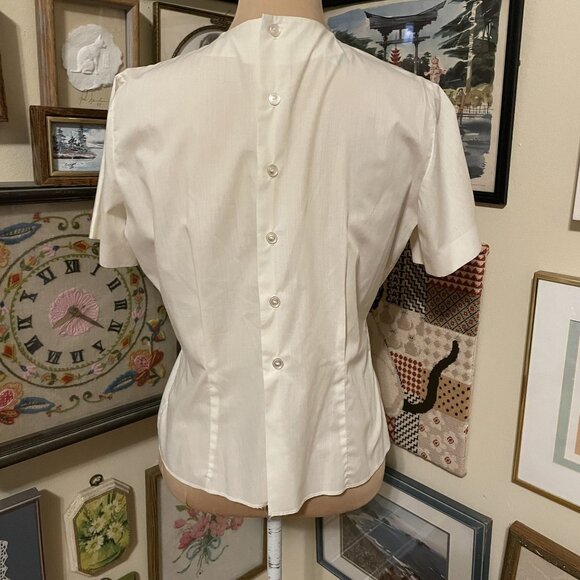 60s Judy Bond Womens Short Sleeves Button-Back Monogrammed Fitted Blouse Size L - Picture 4 of 5